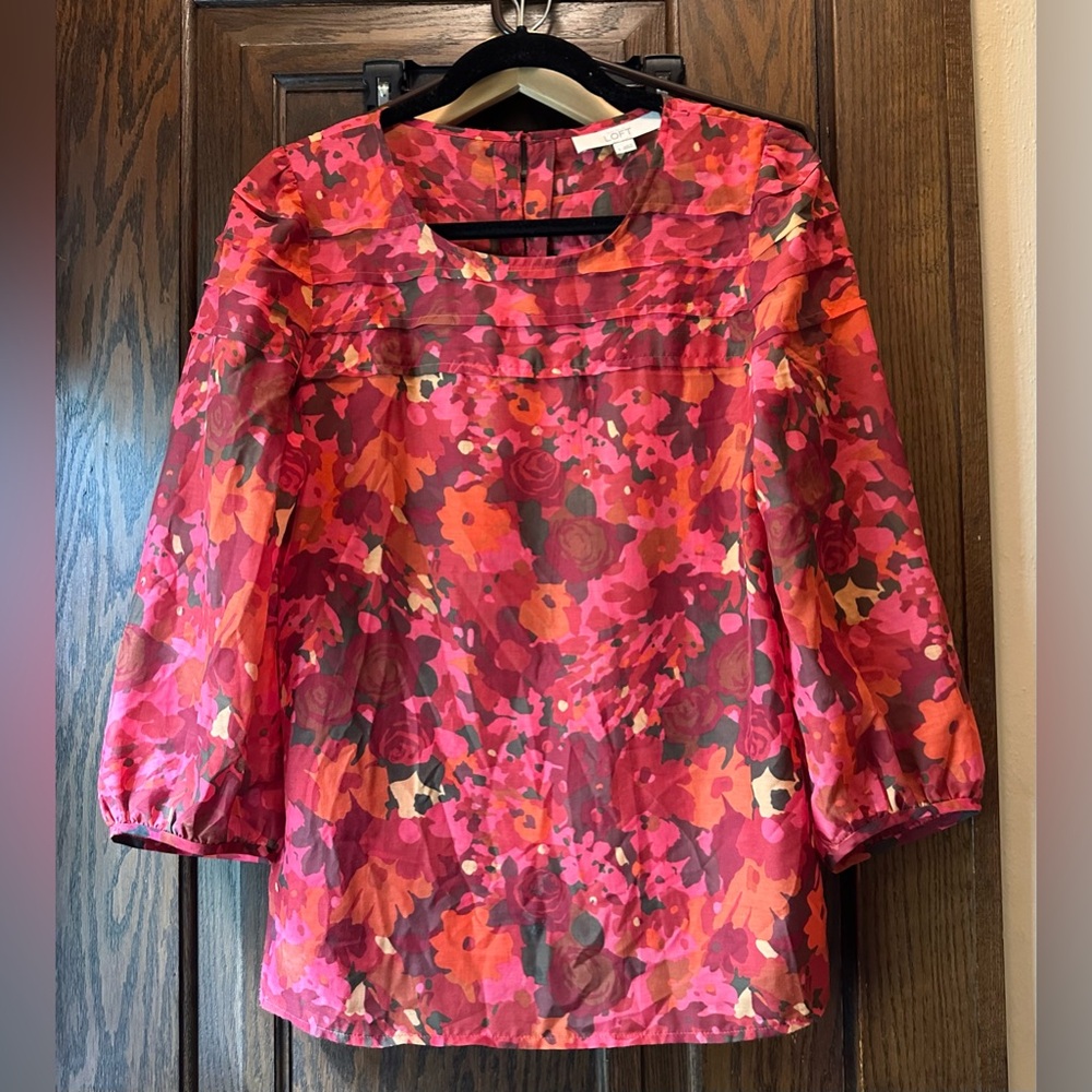 LOFT Long-Sleeved Red Floral Pullover Blouse, Size Small